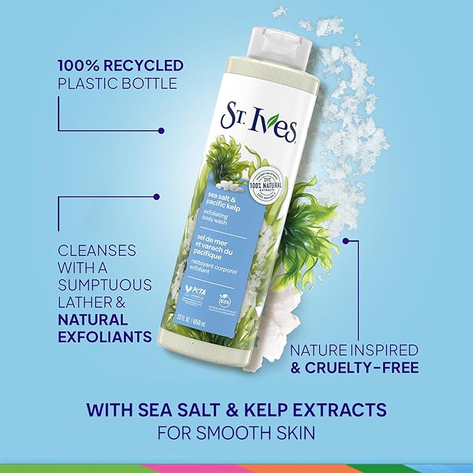 St. Ives Body Wash Variety 2-Pack, Soothing Oatmeal & Shea Butter + Exfoliating Sea Salt & Pacific Kelp, 100% Natural Extracts, Cruelty-Free, 22 Oz Ea