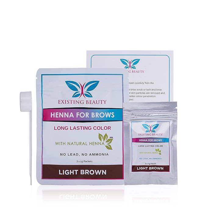 Light Brown Eyebrow Henna Tint for Eyebrow Color- Professional Henna Brow Kit Including Use Instructions and Mixing Bowl 3x 1g Packets Brow Dye by Existing Beauty