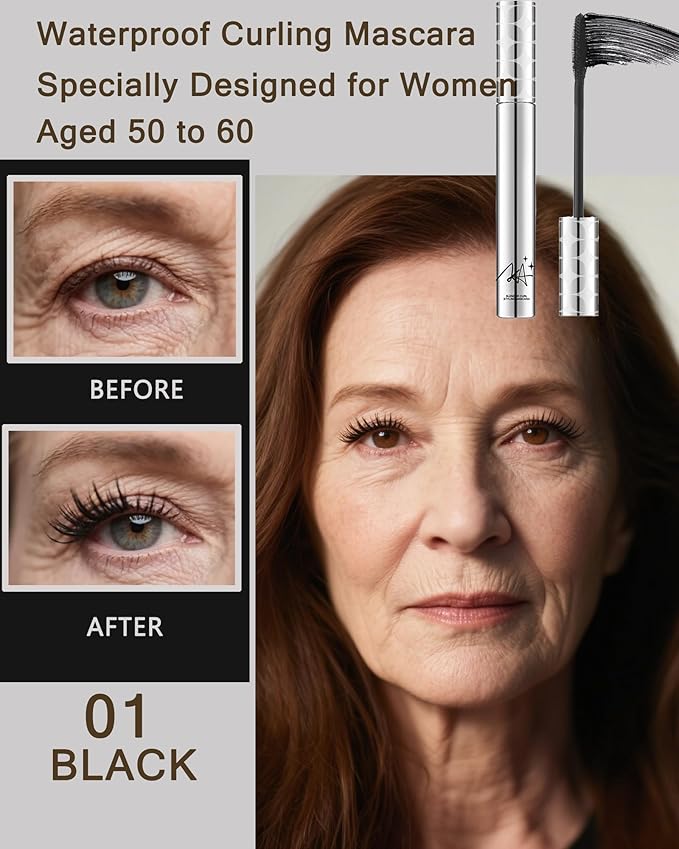 Mascara for Older Women 60 Plus,Black Brown Prime Waterproof Length and Volume Lash Mascara for Seniors,Hypoallergenic Volumizing Máscara with Thinning Lashes,Long Lasting No Clumps for Sensitive Eyes