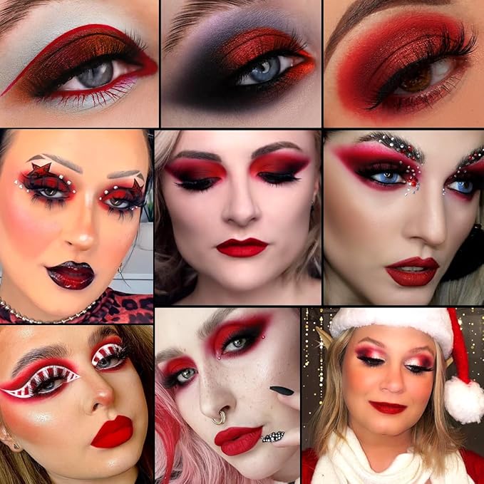 Red Goth Eyeshadow Palette - 9 Colors True Hot Red Black Eye Shadows | Halloween Glitters Makeup | Matte Shimmer High Pigmentation | Clown Vampire SFX Halloween Christmas Palette