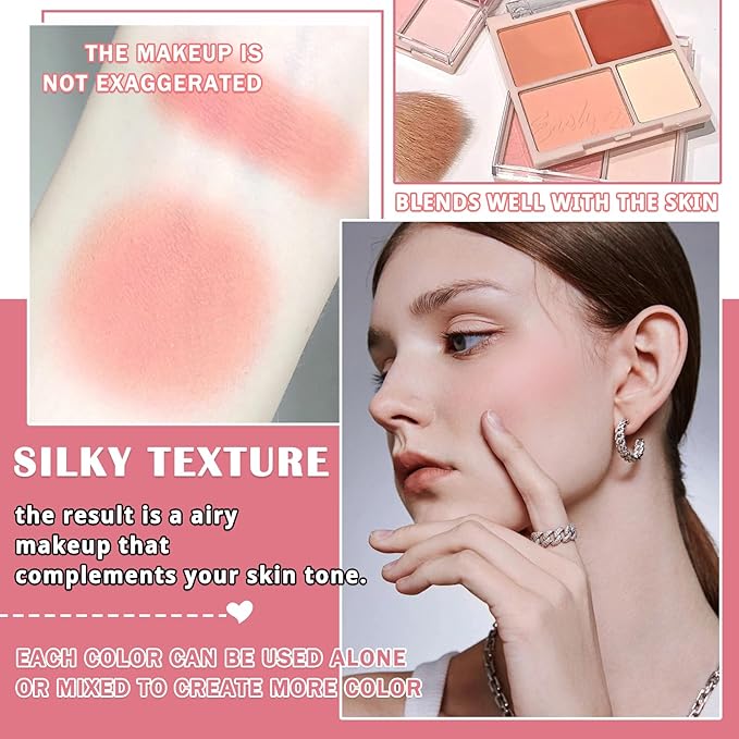 3Pcs 4 Colors Blush Palette for Cheeks with Make Up Brush,Face Matte Contour Blush Makeup Palette,Buildable Shimmer Facial Cheek Blusher Shades,Blendable Cosmetic Makeup Blush