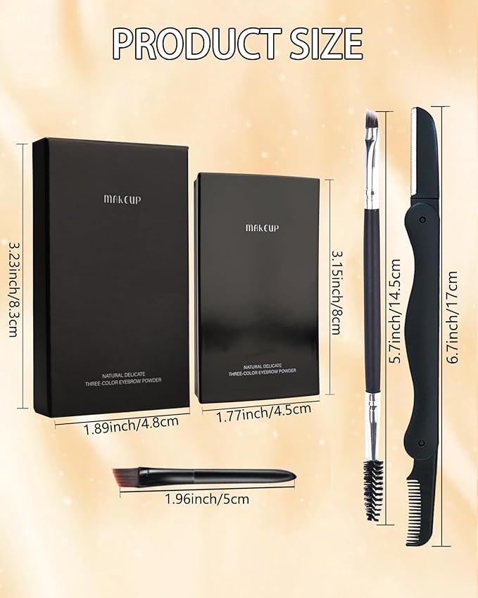 Eyebrow Powder Makeup Kit, 3 in 1 Eyebrow Kit, Brow Powder Palette Waterproof Long-Lasting, Dark & light Brown Series Brow Filler, Full Eyebrow Kit for Women, With Mirror, Brush & Razor Makeup Set 02