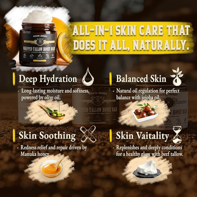 Organic Beef Tallow for Skin - 4 OZ (Citrus) — US-Made Grass Fed Beef Tallow for Face + Body — Whipped Tallow and Honey Balm Moisturizer for Dry and Sensitive Skin, Eczema, Rosacea (No Additives)
