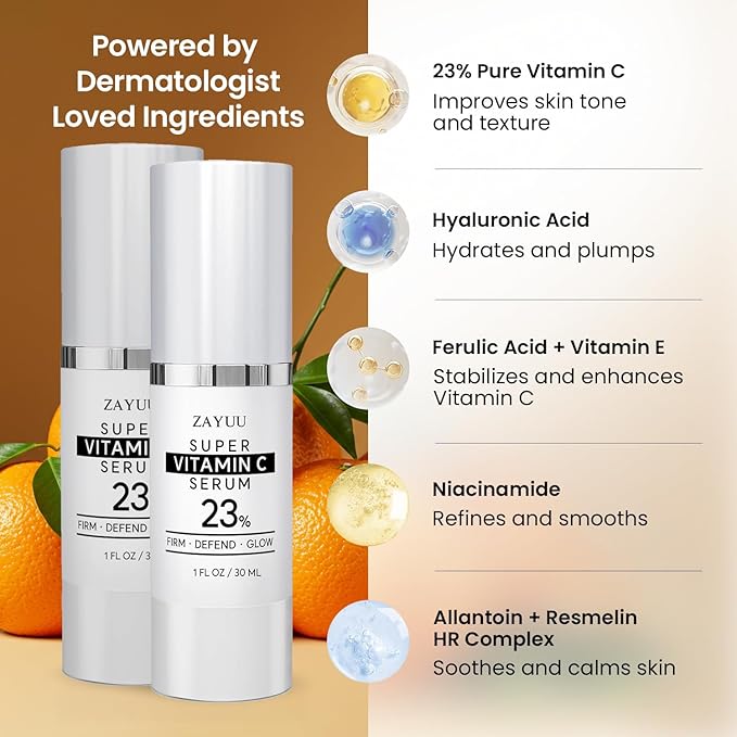 Super Korean Vitamin C Face Serum 23%: Brightening Hydrating Formula with Hyaluronic Acid, Vitamin E & Ferulic Acid — Anti-Aging Serum for Wrinkles, Dark Spots & Mature Skin (1 Fl Oz (Pack of 2))