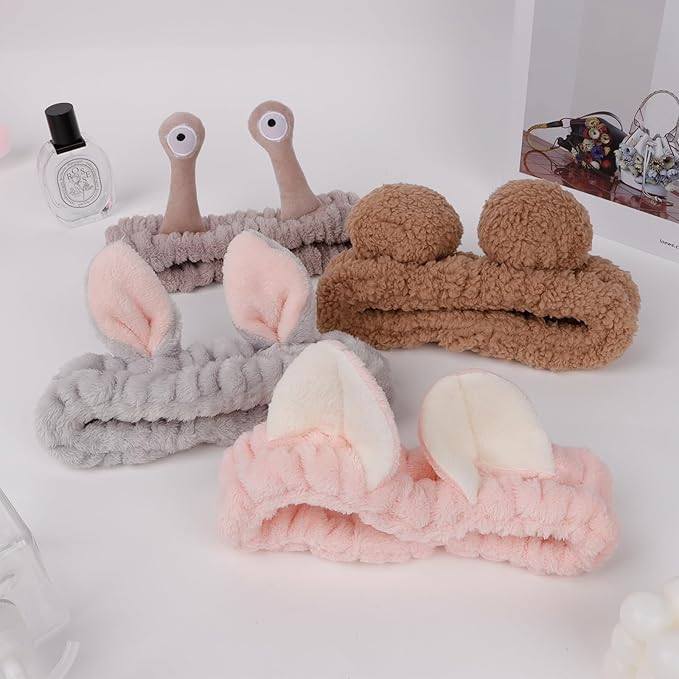 YISSION 4PCS Spa Headband cat/bear/Snail/Bunny Ears Head Band for Face Wash Makeup Skincare Facial Headband Elastic Hair Band Microfiber Headbands for Women Girls