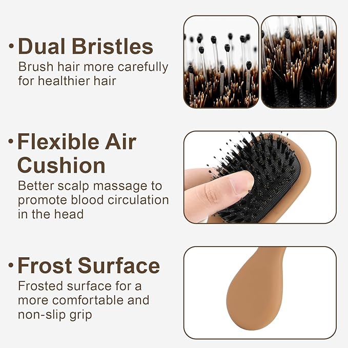 Mini Boar Bristles Hair Bursh, Travel Size Hair Brush for Women Men Kids, Protable Small Hair Brush for Pockets Purses, Mini Detangler Brush for Smooth Add Shine(Mocha)