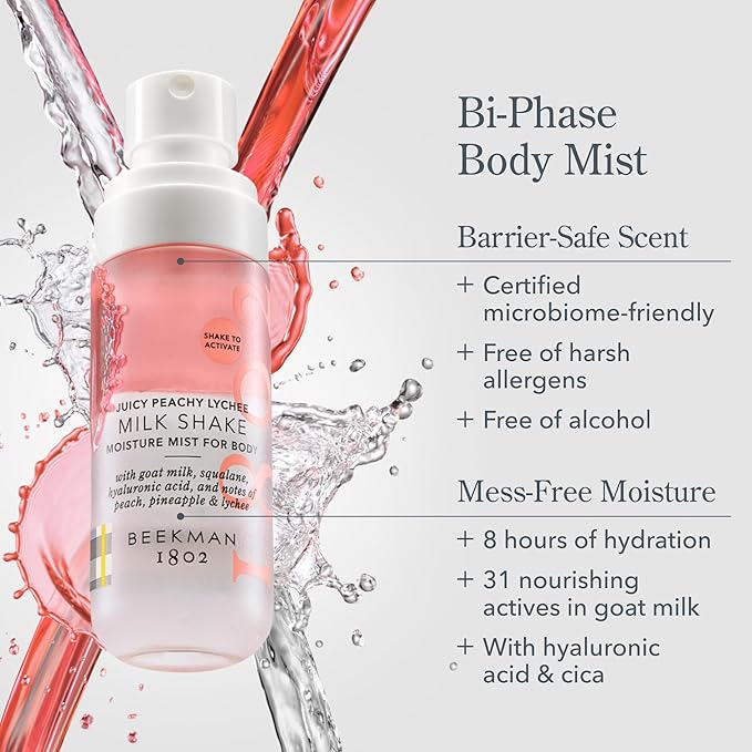 Beekman 1802 Milk Shake Hydrating Body Mist – Alcohol-Free Moisture with Goat Milk, Hyaluronic Acid & Squalane, Lightweight Skin Softening Spray for Sensitive Skin – Juicy Peachy Lychee, 2 Fl Oz