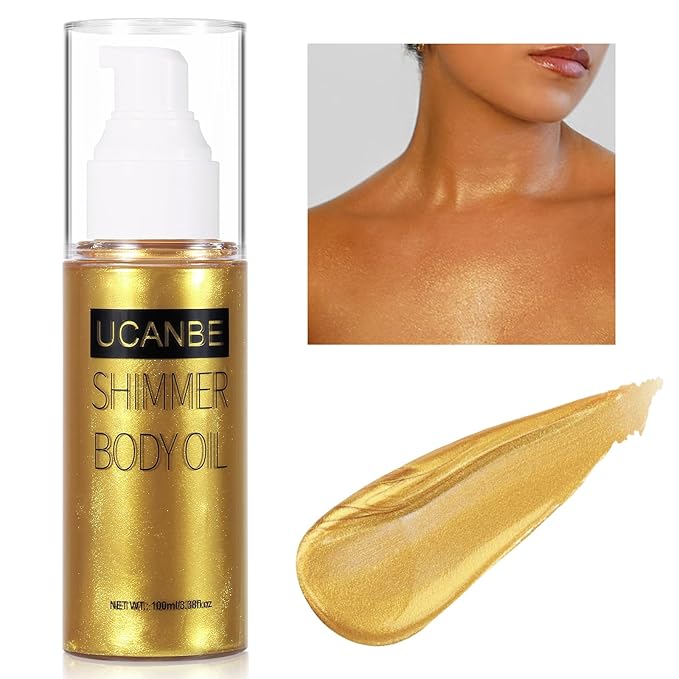 UCANBE Body Shimmer Oil 100ml, Moisturizing Face Body Glow Glitter Oil, Waterproof Shimmering Luminizer Liquid Illuminator Highlighter, Tinted Shimmer Lotion Glowing Bronzer Makeup(Gold)