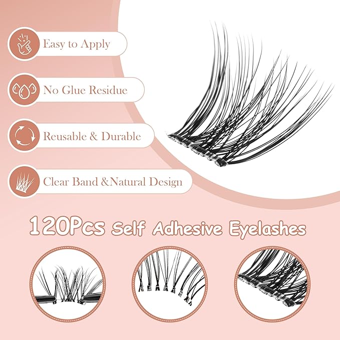 La Maesii Self Adhesive Eyelashes, No Glue Clear Band Eyelashes Natural Individual Press On Lashes,10-14mm Wispy Clear Band Self Adhesive Lash Clusters Kit with Eyelash Tweezers（Kit-133）