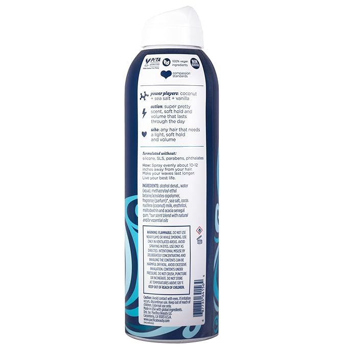 Pacifica Big Waves Coconut, Vanilla & Sea Salt Hairspray – Soft Hold Wavy Hair Texture Spray – Adds Volume & Controls Frizz, Travel Size Beach Hair Essential for Women – Vegan & Cruelty-Free – 6oz