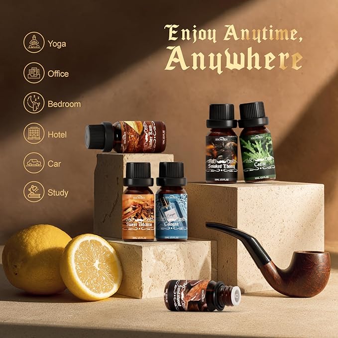 Men Diffuser Oils Gift Set for Father's Day, SNOWSEN Gentlemen's Essential Oil Set for Diffuser for Home, Candles Scents & Perfume, Sandalwood, Cologne, Smoked Ebony, Amber Rum, Cedar, Sweet Tobacco