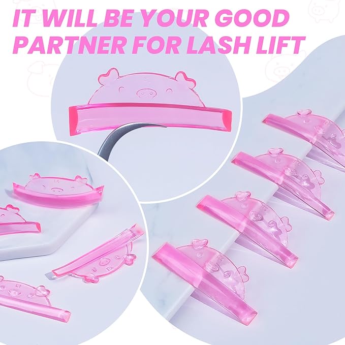 Libeauty Cute Lash Lift Rods, 4 Sizes Eyelash Shields, Reusable Soft Silicone Pads for Eyelash Curling & Lifting, Pink Piggy Shape