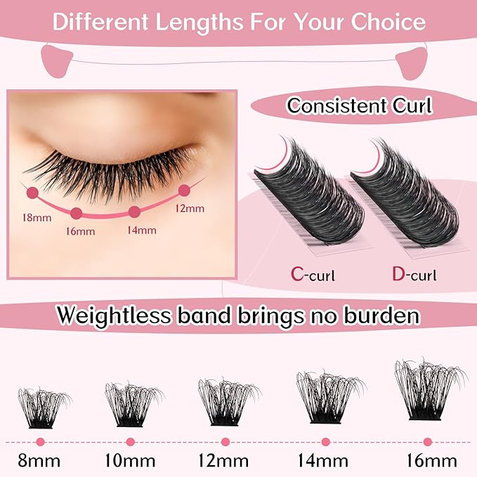 72 Pcs Individual Cluster Lashes 3D Effect DIY Lash Extension 8-16mm Eyelash Clusters Volume Wispy Lashes Super Thin Band Reusable Soft & Comfortable(Adore-3D Fluffy,D-8-16mix)