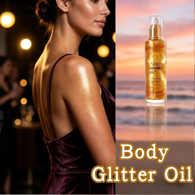 Body Shimmer Oil, Glow Glitter Oil, Face Glow Highlighter Illuminator, Shine Glitter Liquid Tanning for Radiant Skin, Body Makeup,Beach Essentials (3# Bronze Gold)