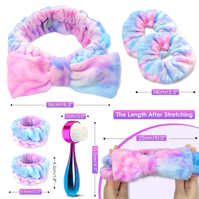 my novel things Facial Cleansing Brush, Headband for Washing Face with Silicone Double Side Manual Face Scrubber Brush, Skincare Headband and Wristband Set, 2 Hair Scrunchie, for Makeup Rainbow