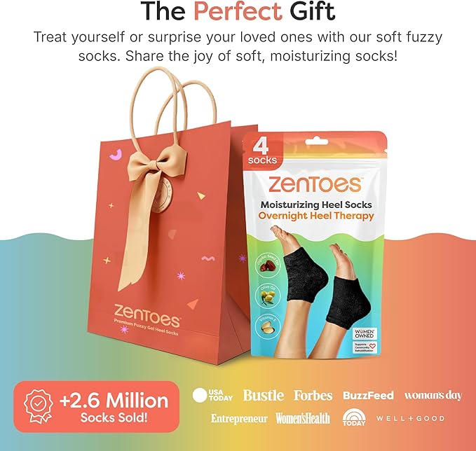 ZenToes Moisturizing Socks for Cracked Heel Treatment, Vitamin E, Olive Oil and Jojoba Oil Infused Heel Socks, Spa Gifts for Women, Mothers Day Gifts (Fuzzy Black, Regular)