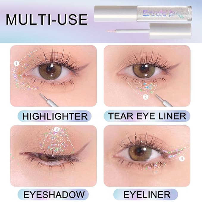 Erinde Liquid Glitter Eyeshadow Eyeliner, Metallic Shimmer Glitter Eyeshadow Liner, High Pigment Colored Eyeliner, Waterproof Long Lasting Sparkle Eye Makeup for Women, Star Silver