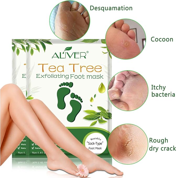 Foot Peel Mask 5 Pack, Skin Exfoliating Foot Masks, Natural Exfoliator for Dry, Callus, Dead Skin Remover, Repair Rough Heels Feet Peeling Mask for Men Women (Tea Tree Scent)