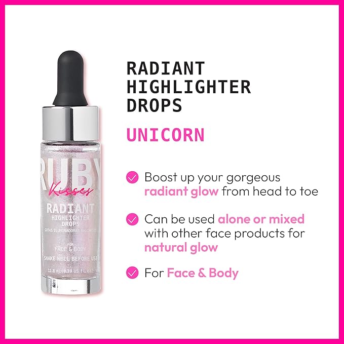 Ruby Kisses Radiant Drops, Shimmer Liquid Highlighter Makeup, Smooth Illuminator for Face Body, Natural Glow Dewiness Glitter for Skin (Unicorn)