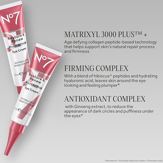 No7 Restore & Renew Multi Action Eye Cream - Skin Renewing Under Eye Cream for Puffiness & Dark Circles - Moisturizing Formula for Wrinkles (15ml)