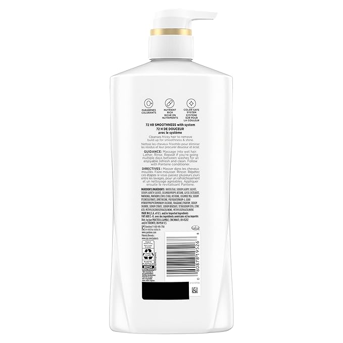 Pantene Shampoo, Smooth and Sleek - Pro-V Nutrients, Frizz Control with Antioxidants, Nourishing for All Hair Types - Curly, Dry, Color-Treated, 27.7 Fl Oz