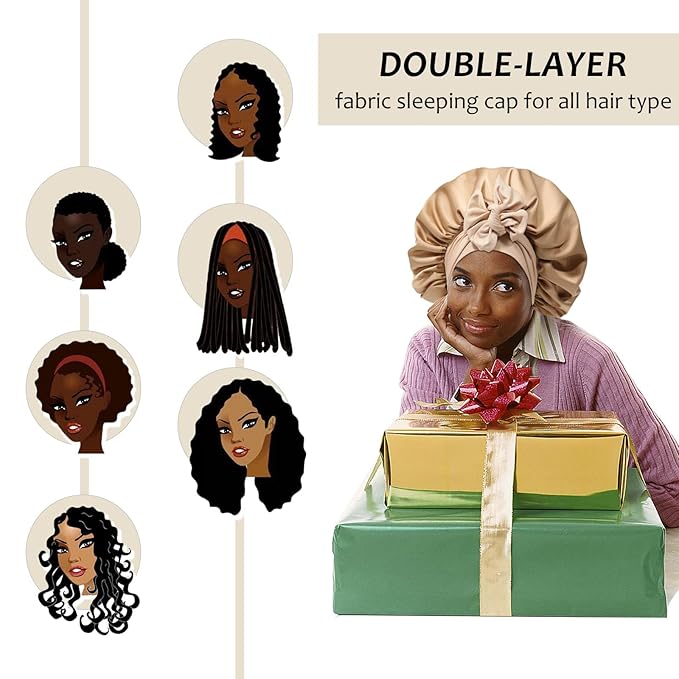Reversible Satin Bonnet for Women with 3PCS Hair Scrunchies Tie Band Hair Bonnet - Large 2 Layered Silk Sleep Cap - Nightcap for Sleeping (Reversible Coffee/Champagne)