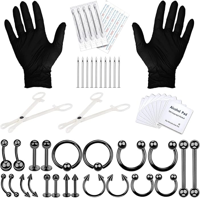 BodyJ4You 36PC PRO Body Piercing Kit - Nose Septum Ear Cartilage Lip Belly Navel Tragus Eyebrow - Surgical Steel 14G 16G BCR CBR Ring Barbell Spike - Tools Needles Gloves Clamps