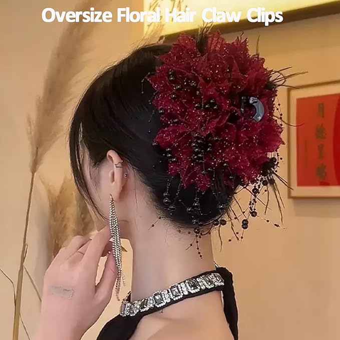 1pc Large Floral Bow Hair Claw Clips with Beads Tassels Red Flower Hair Claw Clip Hair Jaw Clip Hair Accessories for Women Girls Wedding Party Daily Wearing