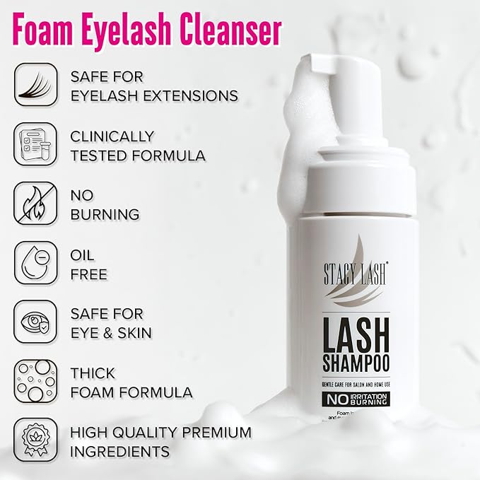 STACY LASH Lash Shampoo 50ml Kit Foaming Cleanser with Eye Lash Spoolies & Rinse Bottle & Cleansing Pad & Brush for Eyelash Extensions & Clusters & Natural Eyelashes