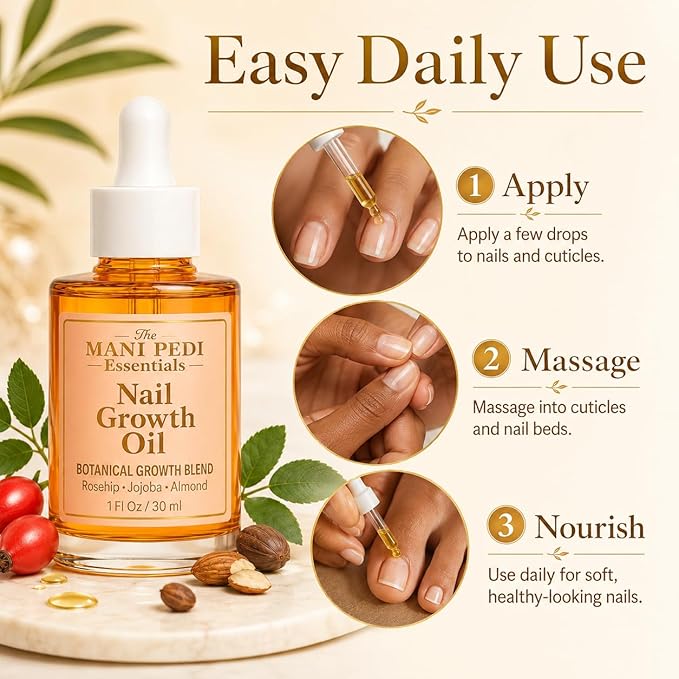 Natural Nail Growth Oil. Powerful Blend of Rosehip, Jojoba & Amond Oils. Promotes Stronger, Healthier Nails. Hydrates & Strengthens Cuticles for Faster Nail Growth - 1 Fl Oz