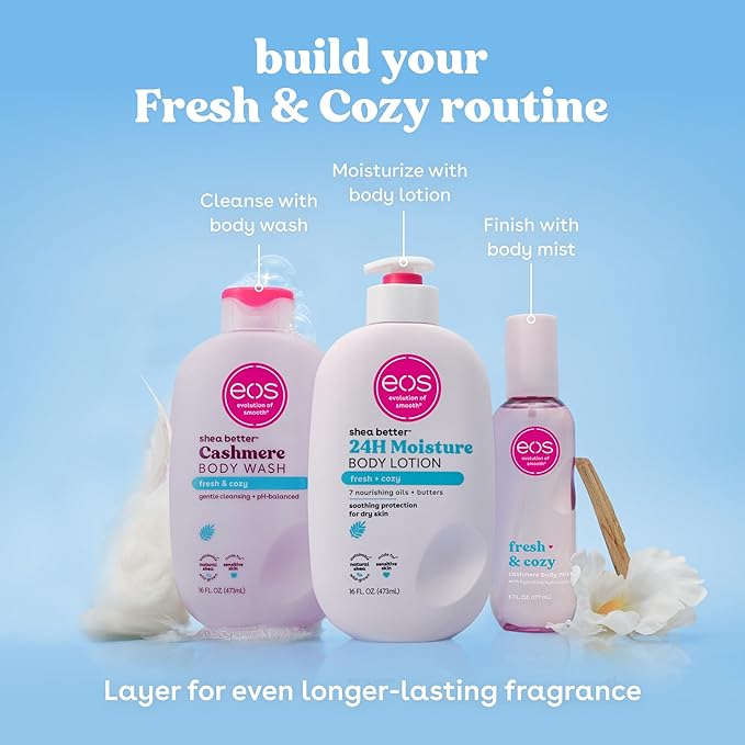 eos Fresh & Cozy Scent Layering Bundle - Body Wash, Body Mist, Body Lotion