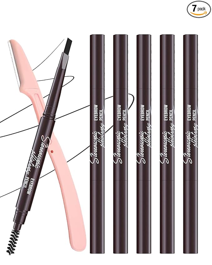 Waterproof Eyebrow Pencils for Women, 6Pcs Double-ended Black Eye Brow Pencil with Razor Kit, Triangular Tip Design Makes it Easier to Define and Fill in Brows for a Natural Look