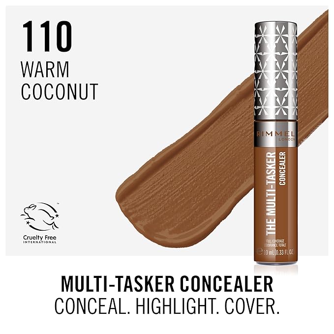 Rimmel London, Multi-Tasker Concealer, 110 Warm Coconut, Crease-Proof, Transfer-Proof, Waterproof, Up To 24-Hour Wear, Vegan Formula, 0.33oz (Pack of 2)