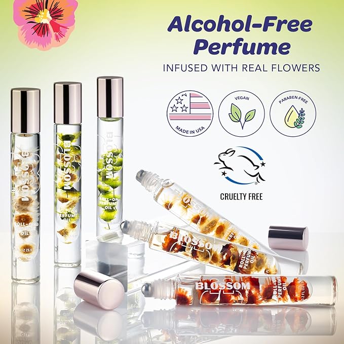Blossom Roll on Perfume for Women Alcohol Free Gourmand Rollerball Perfume Oil with Essential Oils, Infused with Real Flowers, Made in USA, 0.20oz, (Pistachio, Almond, Vanilla) Pistachio Gelato