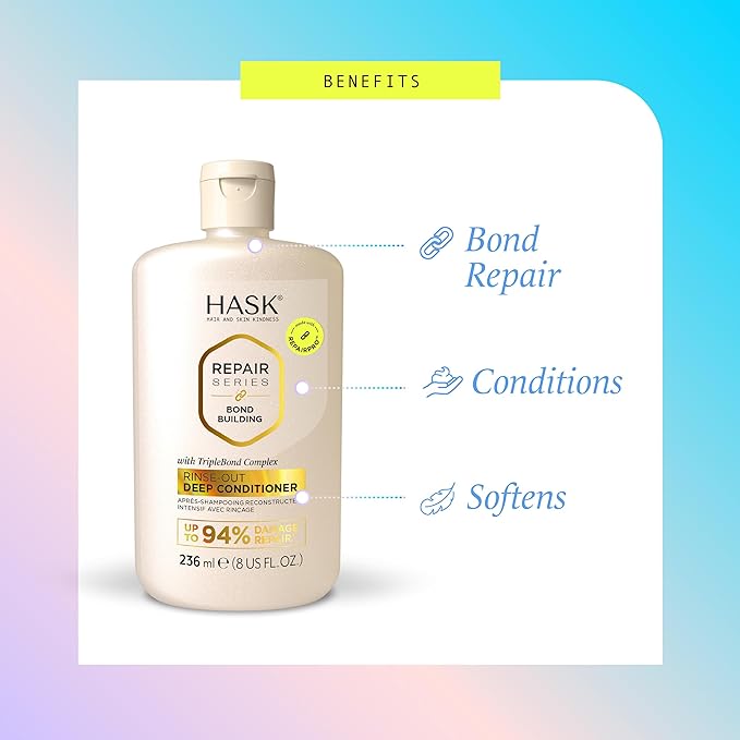 HASK Bond Building Rinse-Out Deep Conditioner with Triple Bond Complex & Argan Oil, Repairs Damage, Softens, Adds Moisture, Sulfate-Free, Cruelty-Free, Color-Safe – 8 oz