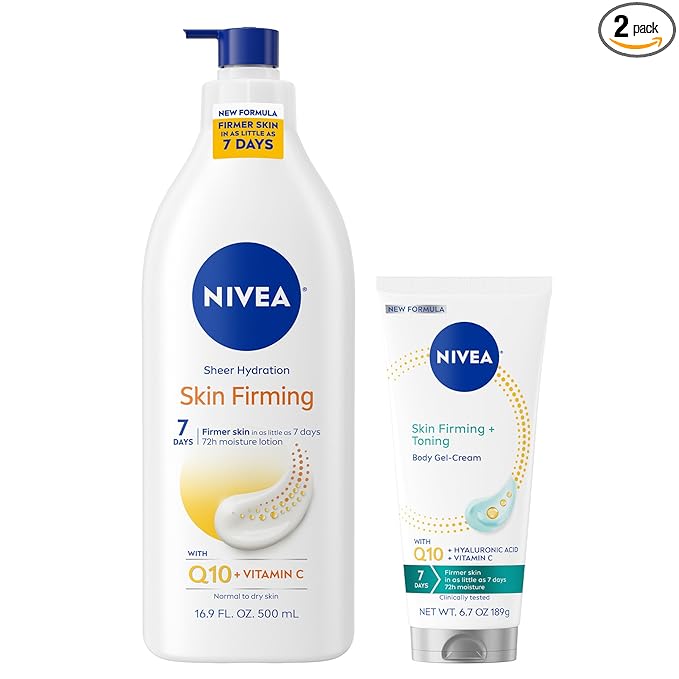 NIVEA Sheer Hydration Skin Firming Body Lotion (16.9 Fl Oz) + Skin Firming & Toning Body Gel Cream with Hyaluronic Acid (6.7 Oz), Enriched with Q10 and Vitamin C