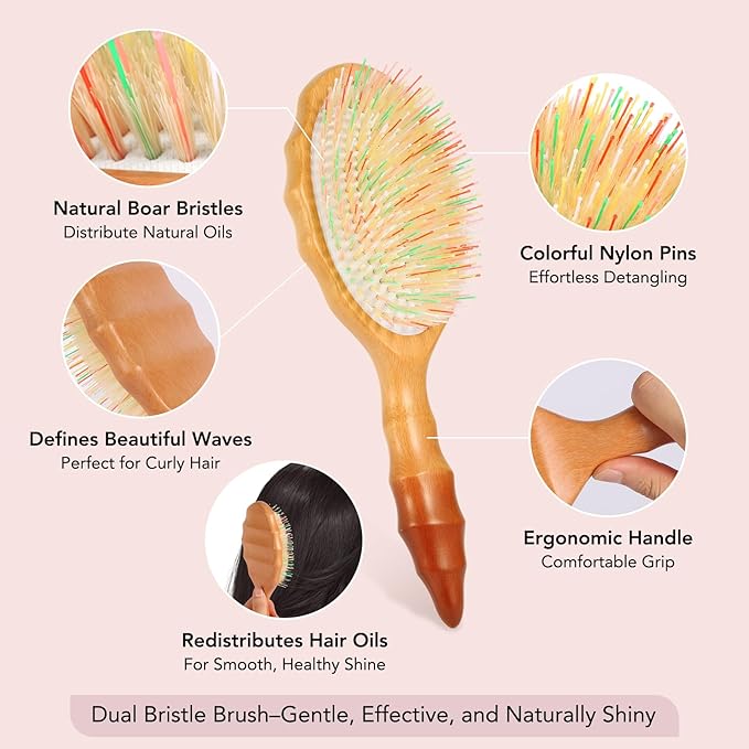 Boar Bristle Hair Extension Brush for Women Girls -Hairbrush for Extensions and All Hair Types, Loop Brush for Restore Natural Shine, Frizz Control, Smooth & Detangle