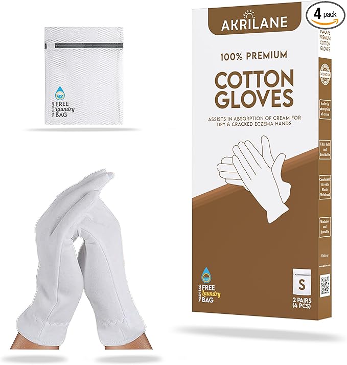 S Small 2 Pairs 100% Premium Cotton Gloves for Dry Hands | Moisturizing Overnight Gloves for Eczema, Psoriasis & Skin Spa Treatment for Women & Men | Washable & Reusable with Free Laundry Bag