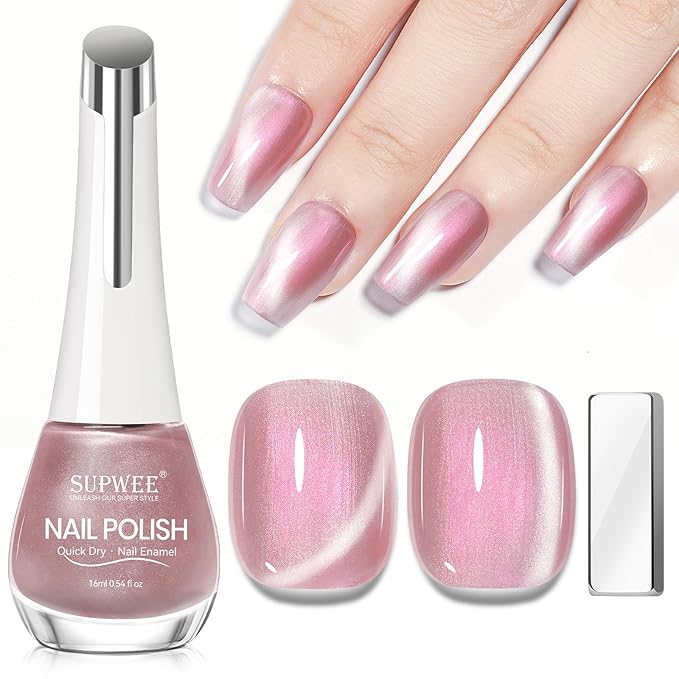 Pink Mermaid Cat Eye Nail Polish Non Gel, Magnetic Nail Polish Lacquer Quick Dry Effect with Magnet Air Fast Dry Manicure DIY Salon 16ml/0.54 oz