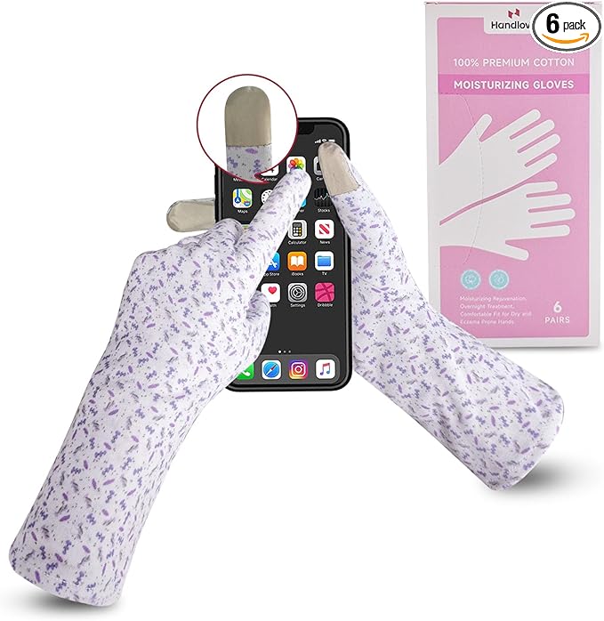 HandLove Premium 100% Cotton Gloves | Moisturizing Gloves for Dry Hands | Overnight Sleeping & Eczema | Touchscreen Friendly | Extended Wrist White Gloves & Lavender Dots, 6Pairs