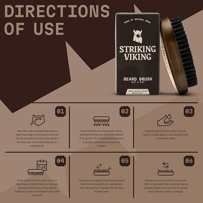 Striking Viking Beard Brush for Men - 4.3 in Beech Wood Handle, Brown - Boar Bristle Beard Brush & Grooming Brush - Travel Size Pocket Groomer