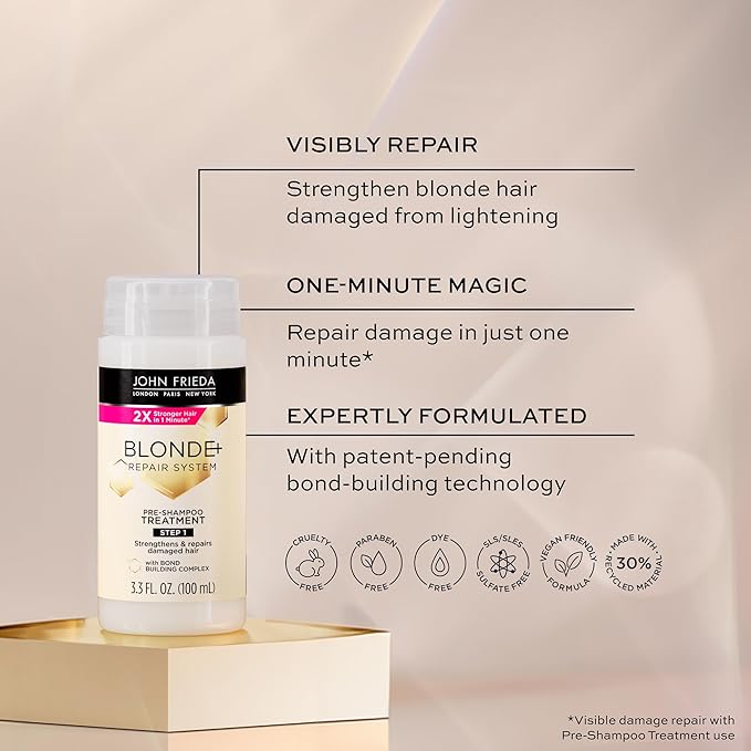 John Frieda Blonde+ Hair Repair System, Pre-Shampoo Treatment with Bond Building Complex, Strengthens and Repairs Damaged Hair, Step 1 of Hair Repair System, 3.3 Oz