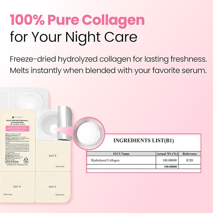 K-SECRET SEOUL 1988 Collagen Boosting Ball – Freeze-Dried 100% Hydrolyzed Collagen | Deep Hydration & Nourishing Care for Fine Lines & Dry Skin | Korean Skincare, 7 Capsules