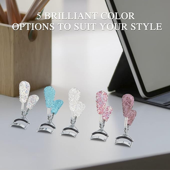 Bling Rhinestone Eyelash Curlers Stainless Steel Natural and Long Lasting Eyelash Fit for All Eye Shape Curved Lash Curler (White)