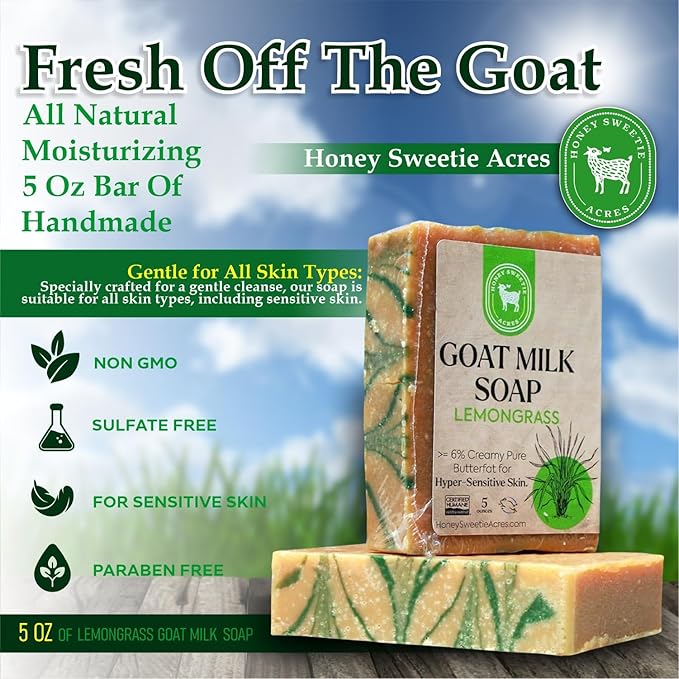 Honey Sweetie Acres Lemongrass Goat Milk Soap - Handmade 5 oz Bar, Made with Natural Ingredients, Moisturizing & Gentle, Made in the USA