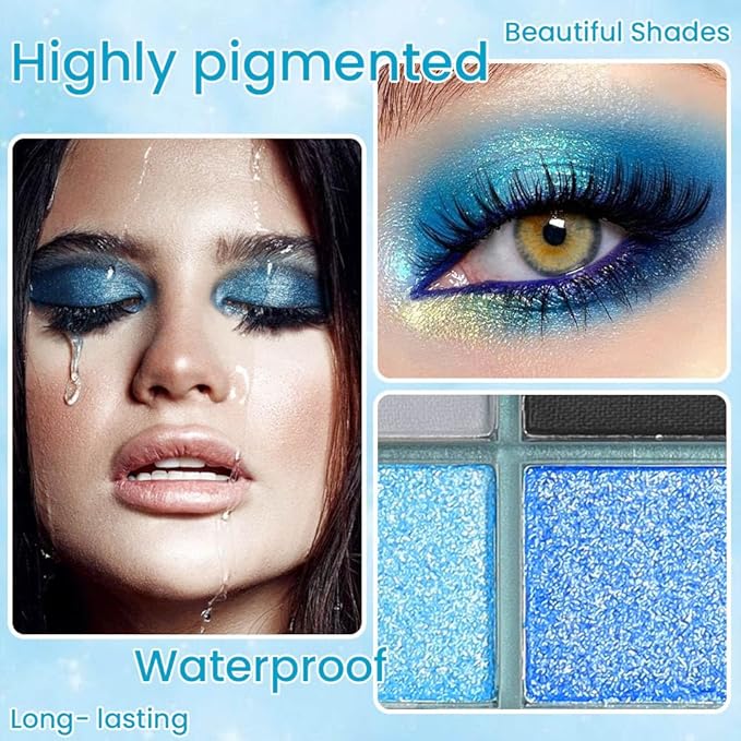 WanTuoluo Light Blue Eyeshadow Palette, Matte & Shimmer Glitter Blue Shadow for Eye Makeup, High Pigmented White Gray Black Green Powder Palet de sombras de ojos, Cruelty Free