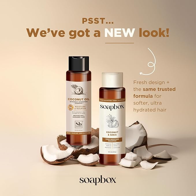 Soapbox Coconut & Shea Shampoo & Conditioner Set, For Dry, Damaged Hair - Nourishes & Moisturizes Hair - Clean Ingredients Free of Harsh Chemicals, Sulfates, Parabens & Silicones - 16 oz Each