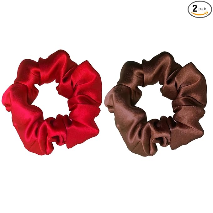 100% Pure Mulberry Silk Hair Scrunchies, 16 Momme Silk Scrunchies, Silk Hair Ties for Women Girls Curly Thick Thin Hair, Set of 4, 13 Pink & Brown