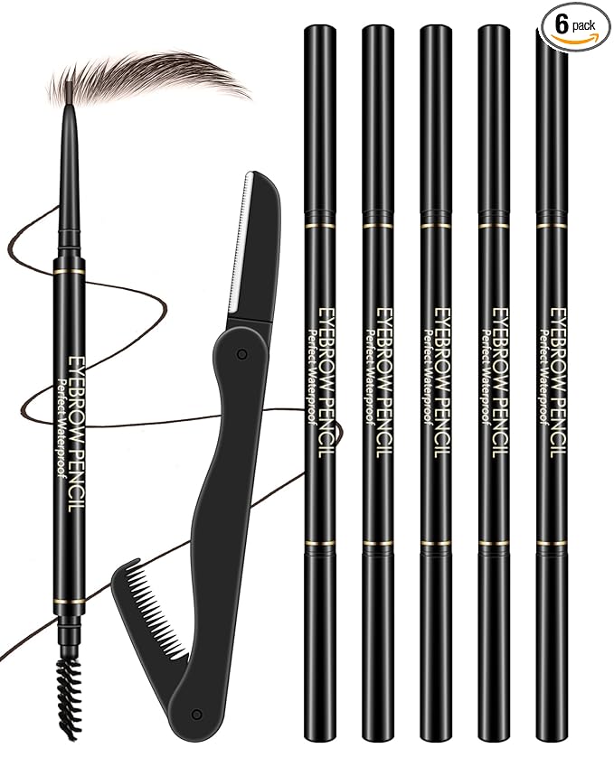 Dark Brown Eye Brow Pencils for Women, 6Pcs Waterproof Eyebrow Pencil Set, Ultra Fine Tip for Perfect Eye Liner Brows, Long Lasting Makeup Professional Shaping & Filling Brow Pen with Eyebrow Razor-05