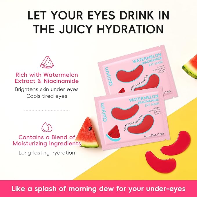 QUIYUM Watermelon Niacinamide Lip & Eye Mask Set - Hydrating Collagen Lip Masks + Eye Pads, Nourishing Skincare for Lips & Eyes (12 Packs)